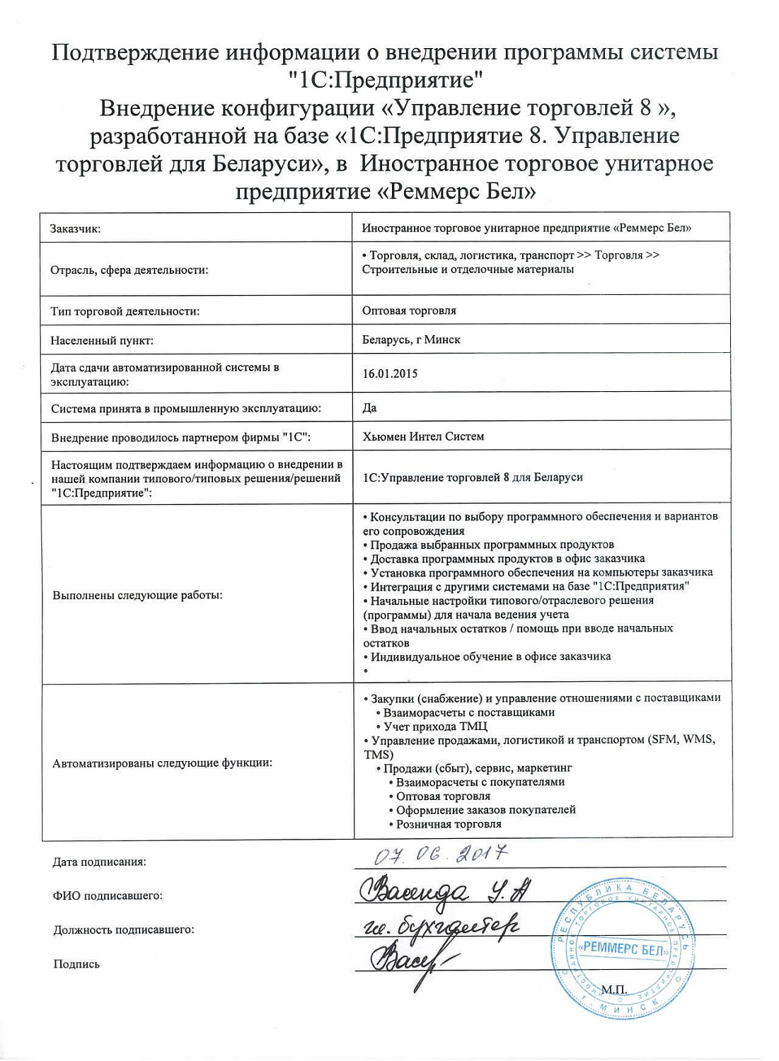 Отзыв Иностранное торговое УП «Реммерс Бел»