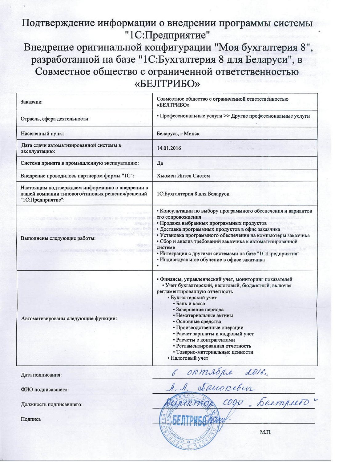 Отзыв CООO «БЕЛТРИБО»