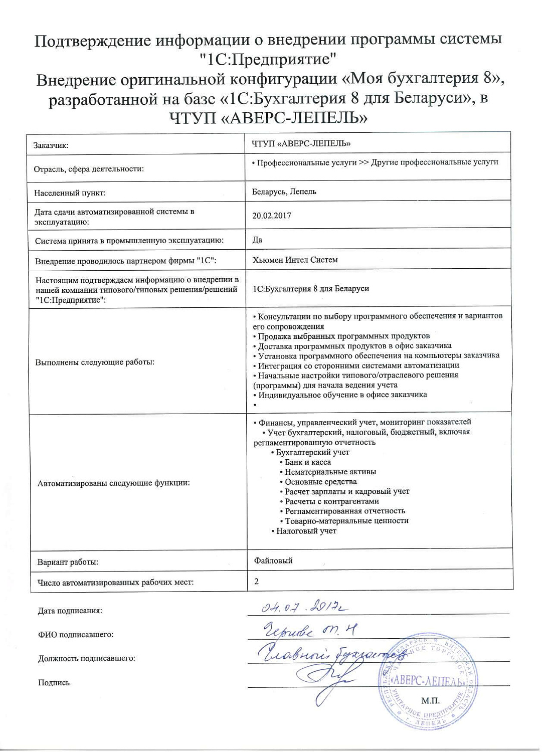 Отзыв ЧТУП «АВЕРС-ЛЕПЕЛЬ»
