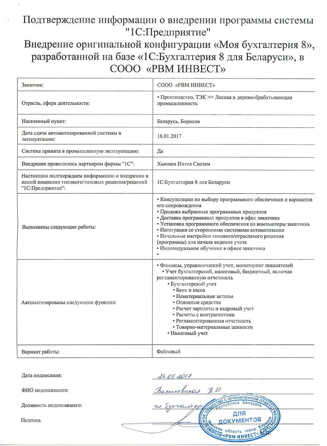Отзыв СООО «РВМ ИНВЕСТ»
