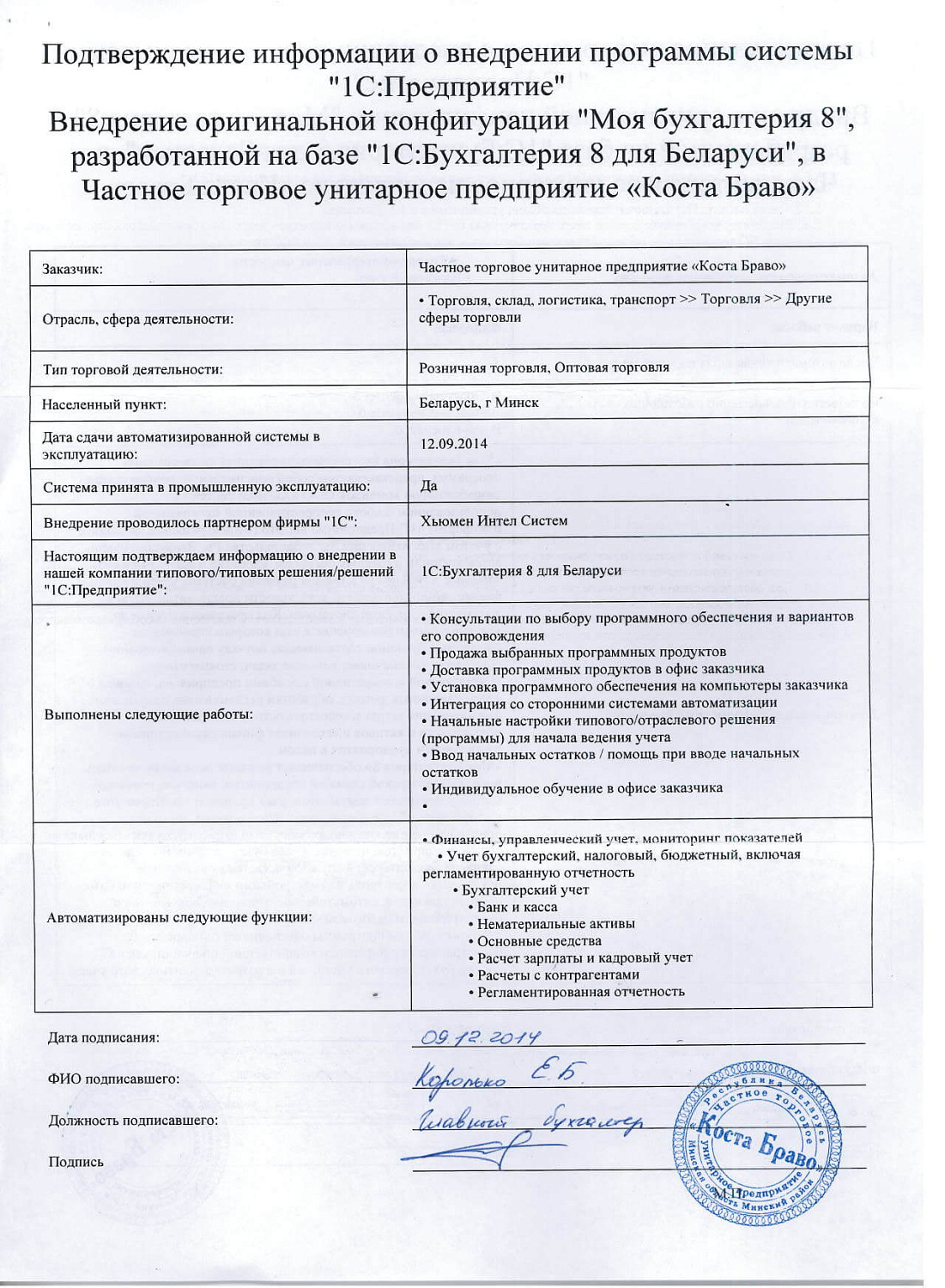 Отзыв ЧУП «Коста Браво»