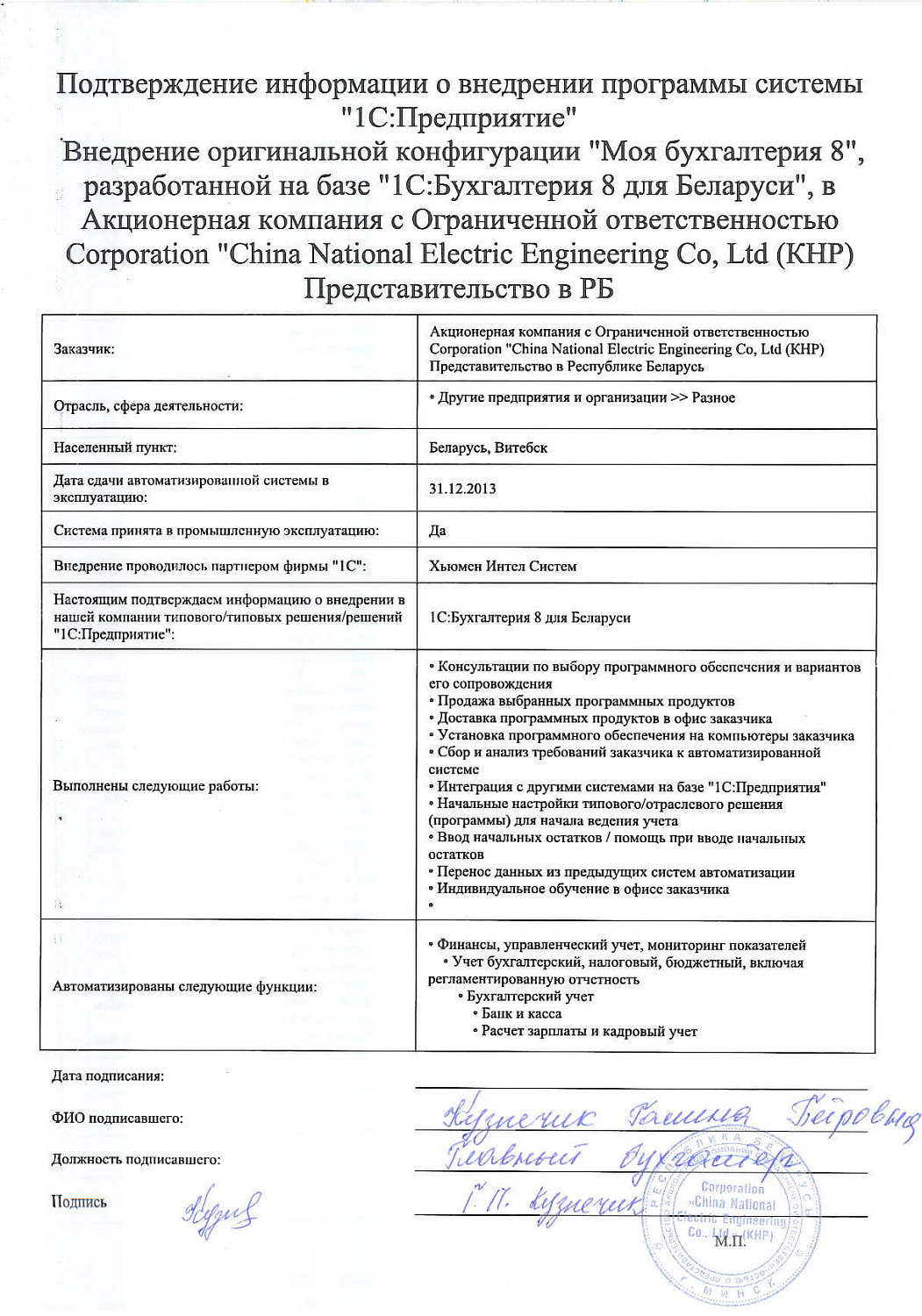 Отзыв Акционерная компания с Ограниченной ответственностью Corporation China National Electric Engineering Co, Ltd (КНР) Представите