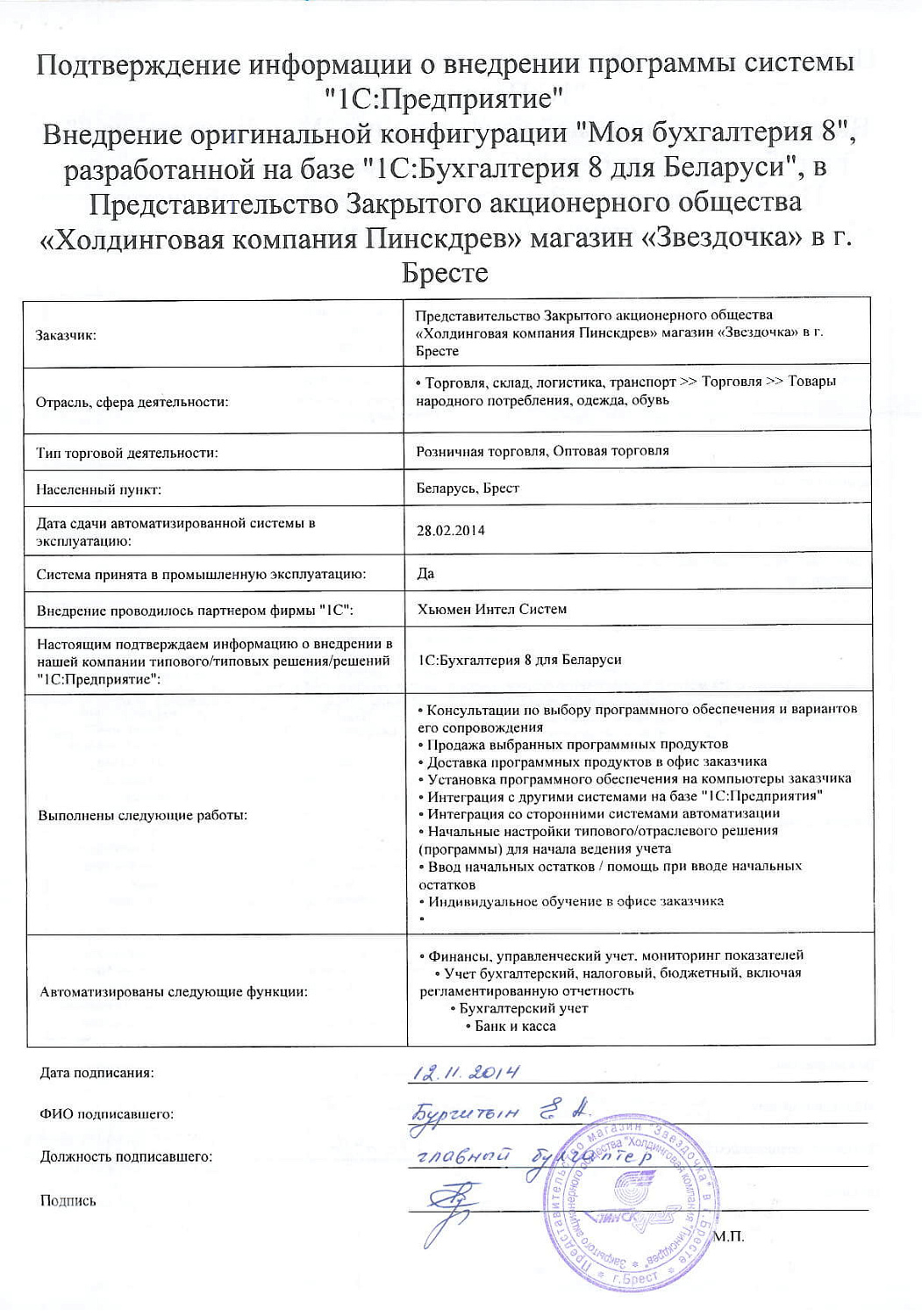 Отзыв Представительство Закрытого акционерного общества «Холдинговая компания Пинскдрев» магазин «Звездочка» в г. Бресте