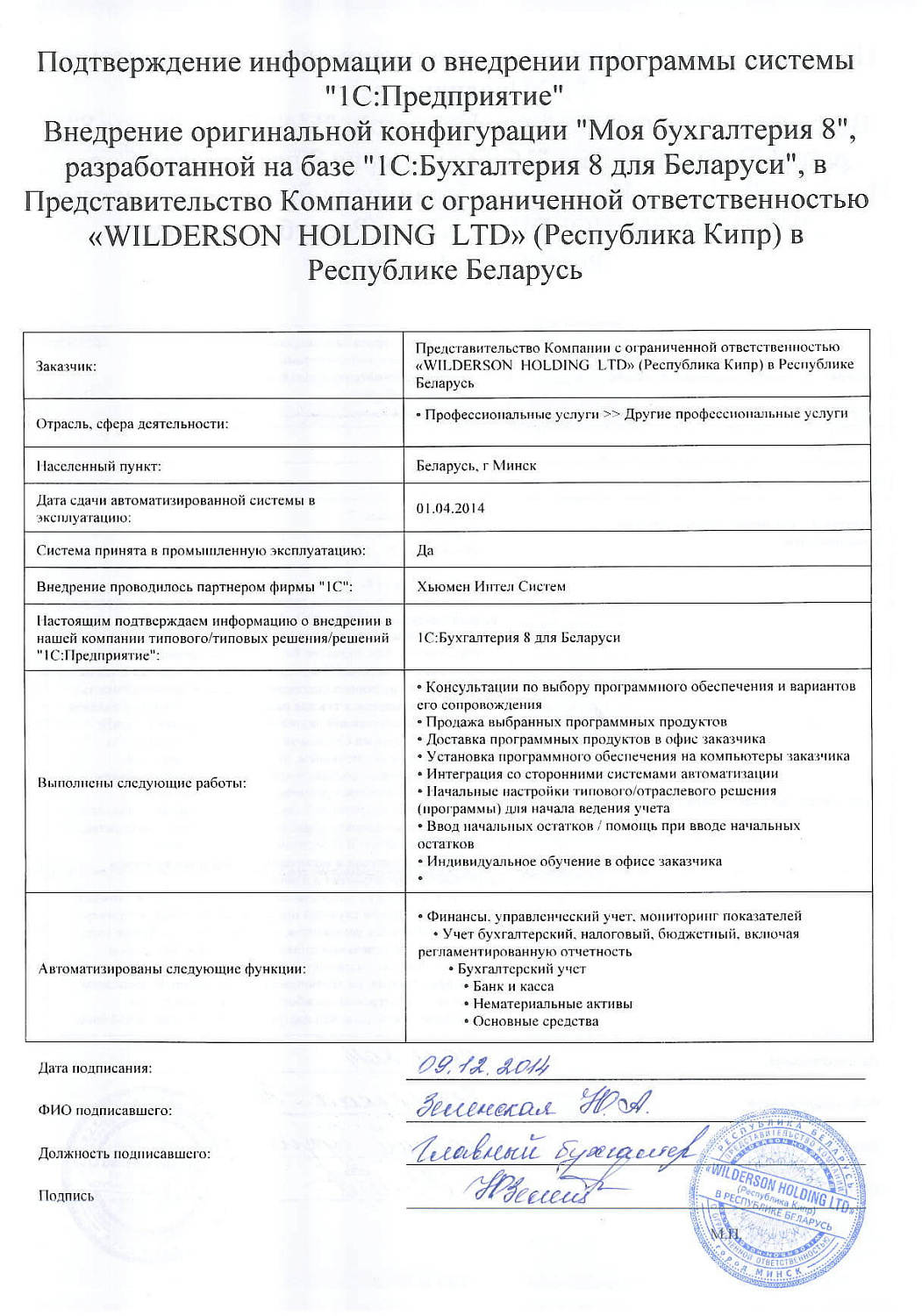Отзыв Представительство Компании с ограниченной ответственностью «WILDERSON  HOLDING  LTD» (Республика Кипр) в Республике Беларусь